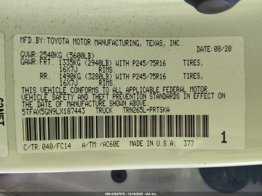 2020 Toyota Tacoma Sr5 VIN: 5TFAX5GN9LX187443 Lot: 43947070