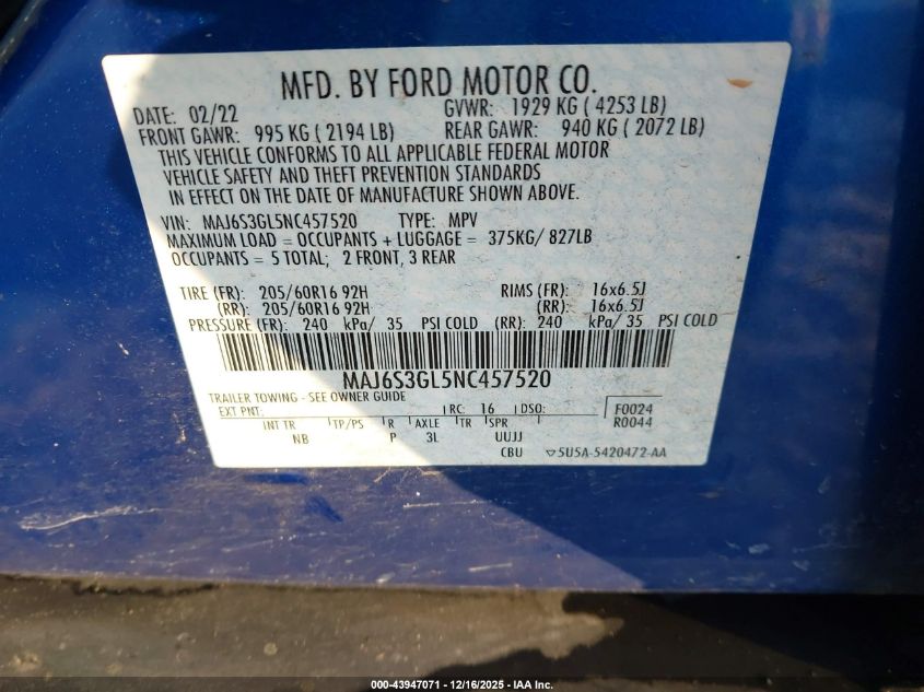 2022 Ford Ecosport Se VIN: MAJ6S3GL5NC457520 Lot: 43947071