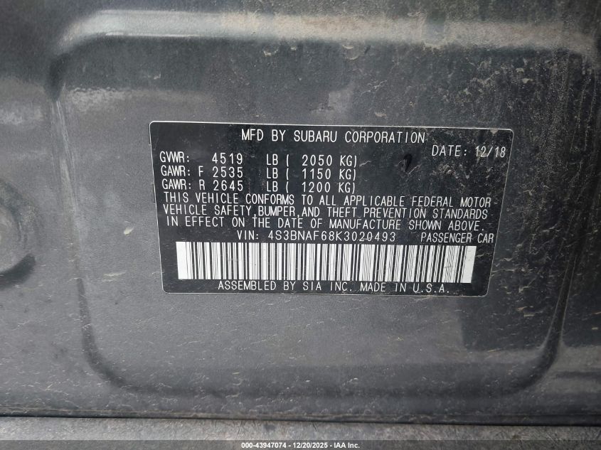 2019 Subaru Legacy 2.5I Premium VIN: 4S3BNAF68K3020493 Lot: 43947074