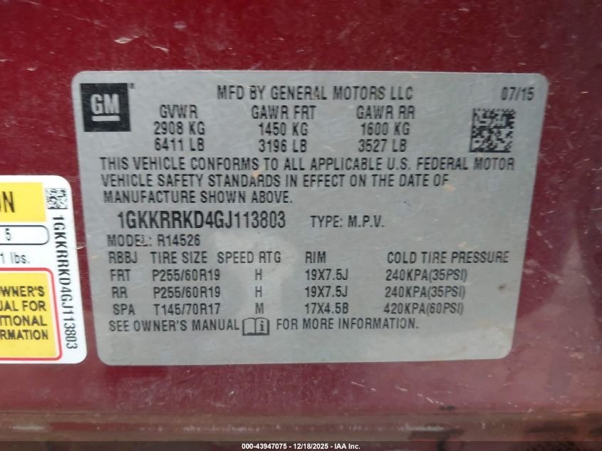 2016 GMC Acadia Slt-1 VIN: 1GKKRRKD4GJ113803 Lot: 43947075