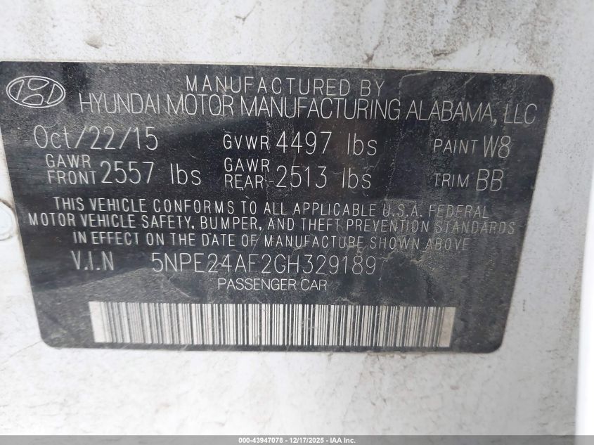 2016 Hyundai Sonata Se VIN: 5NPE24AF2GH329189 Lot: 43947078