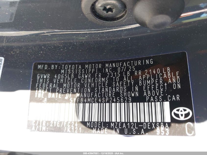 2025 Toyota Corolla Fx VIN: 5YFB4MCE4SP245629 Lot: 43947081