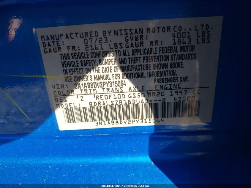 2023 Nissan Sentra Sr Xtronic Cvt VIN: 3N1AB8DV2PY315064 Lot: 43947082