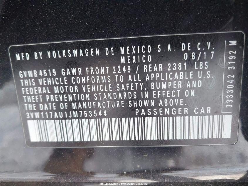 2018 Volkswagen Golf Sportwagen Tsi S VIN: 3VW117AU1JM753544 Lot: 43947083