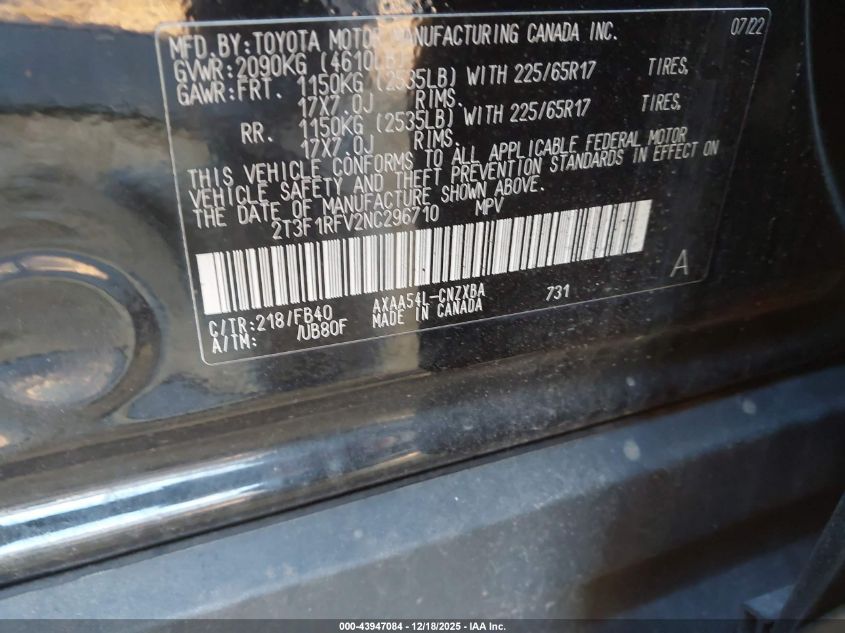 2022 Toyota Rav4 Le VIN: 2T3F1RFV2NC296710 Lot: 43947084