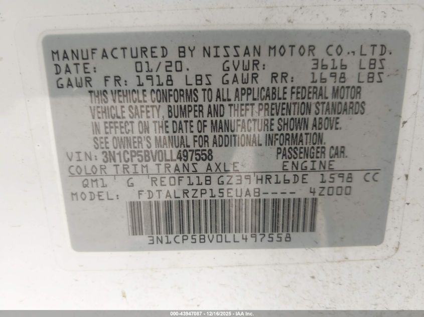 2020 Nissan Kicks S Xtronic Cvt VIN: 3N1CP5BV0LL497558 Lot: 43947087