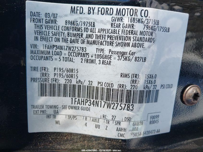 2007 Ford Focus S/Se/Ses VIN: 1FAHP34N17W275783 Lot: 43947088