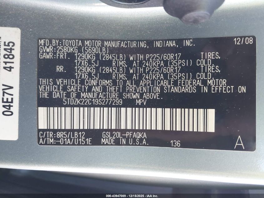 2009 Toyota Sienna Limited VIN: 5TDZK22C19S277299 Lot: 43947089