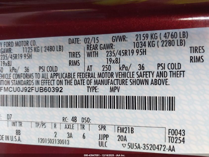 2015 Ford Escape Titanium VIN: 1FMCU0J92FUB60392 Lot: 43947091