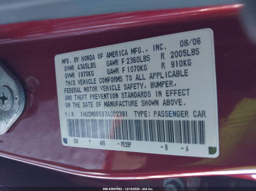 2007 Honda Accord 3.0 Ex VIN: 1HGCM66597A002391 Lot: 43947092