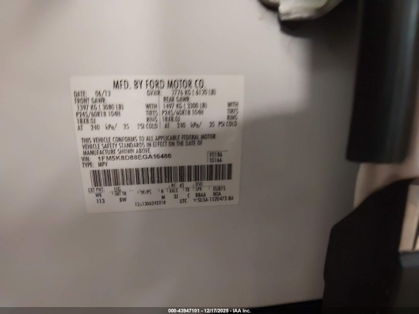 2014 Ford Explorer Xlt VIN: 1FM5K8D88EGA16486 Lot: 43947101