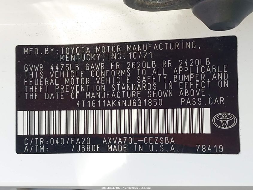 2022 Toyota Camry Se VIN: 4T1G11AK4NU631850 Lot: 43947107