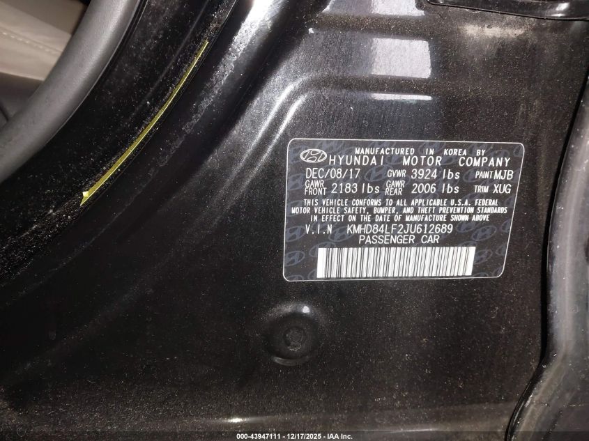 2018 Hyundai Elantra Sel VIN: KMHD84LF2JU612689 Lot: 43947111