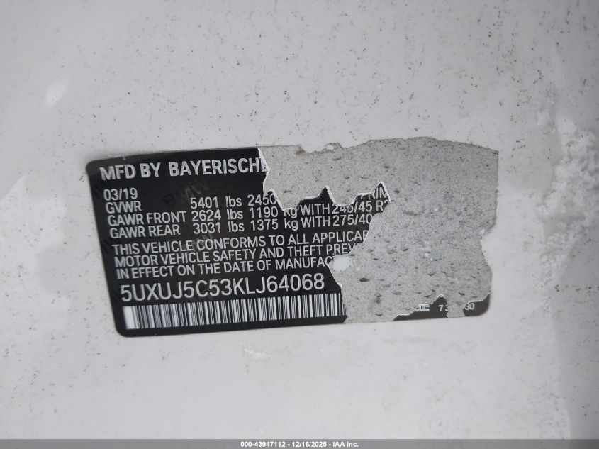 2019 BMW X4 M40I VIN: 5UXUJ5C53KLJ64068 Lot: 43947112