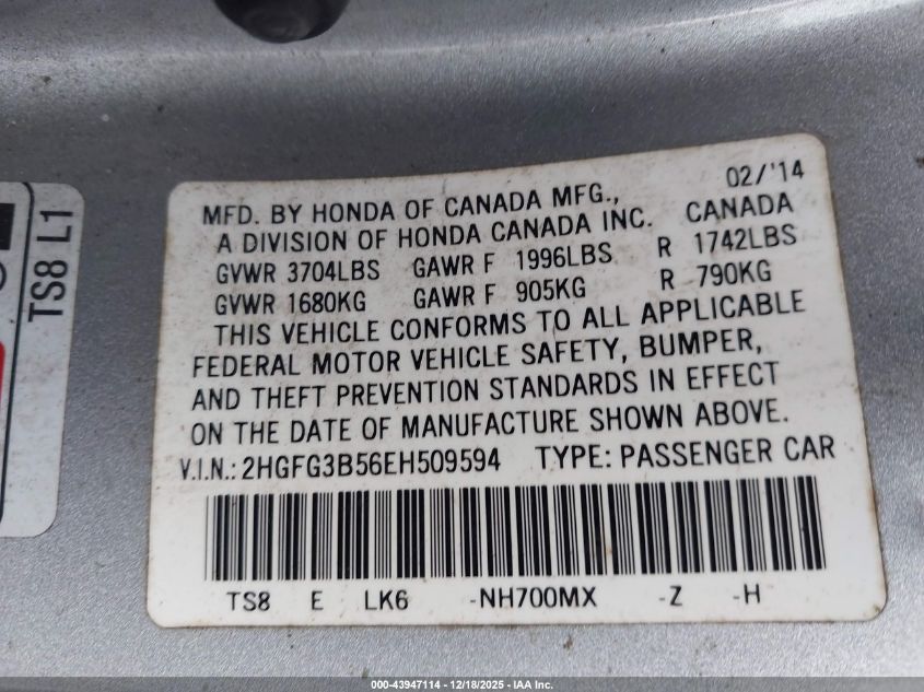 2014 Honda Civic Lx VIN: 2HGFG3B56EH509594 Lot: 43947114