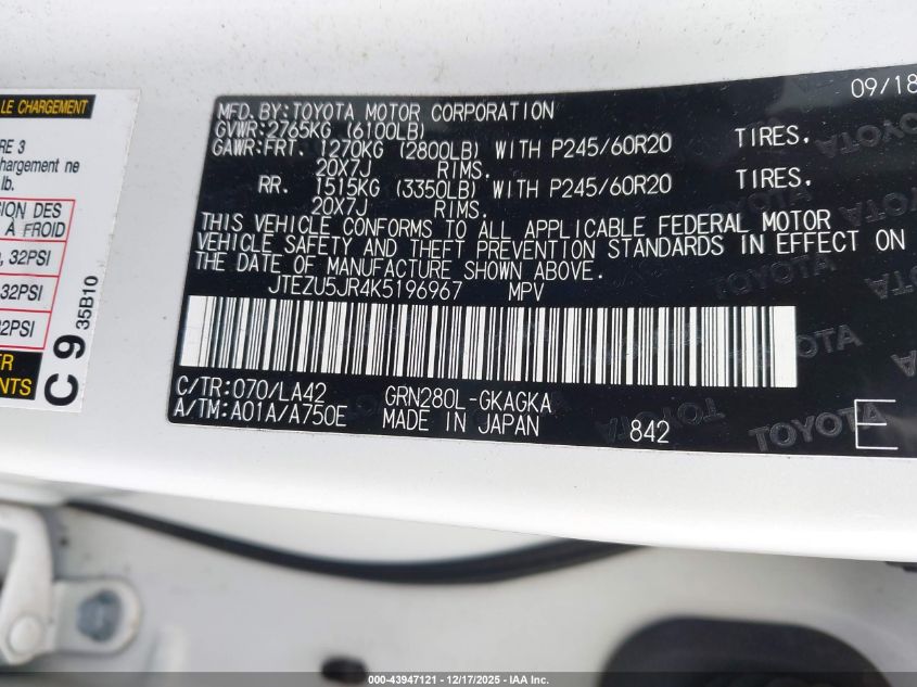 2019 Toyota 4Runner Limited VIN: JTEZU5JR4K5196967 Lot: 43947121