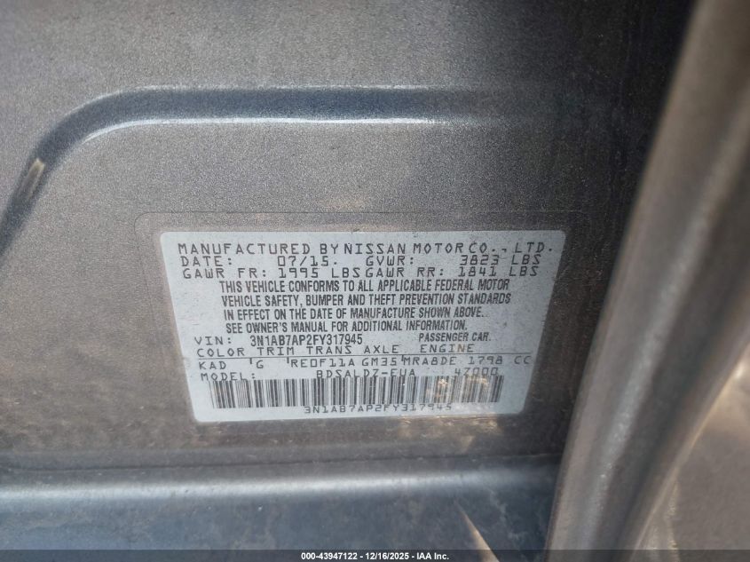 2015 Nissan Sentra Sv VIN: 3N1AB7AP2FY317945 Lot: 43947122