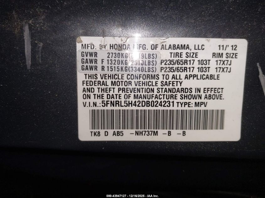 2013 Honda Odyssey Ex VIN: 5FNRL5H42DB024231 Lot: 43947127
