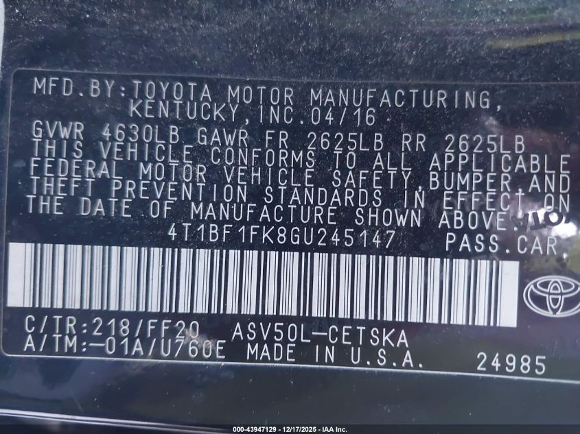 2016 Toyota Camry Se VIN: 4T1BF1FK8GU245147 Lot: 43947129