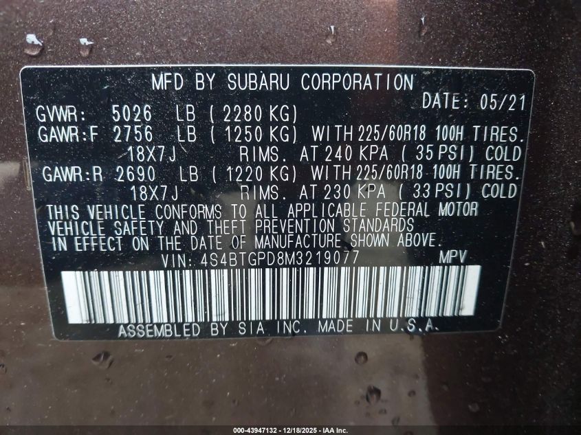 2021 Subaru Outback Touring Xt VIN: 4S4BTGPD8M3219077 Lot: 43947132