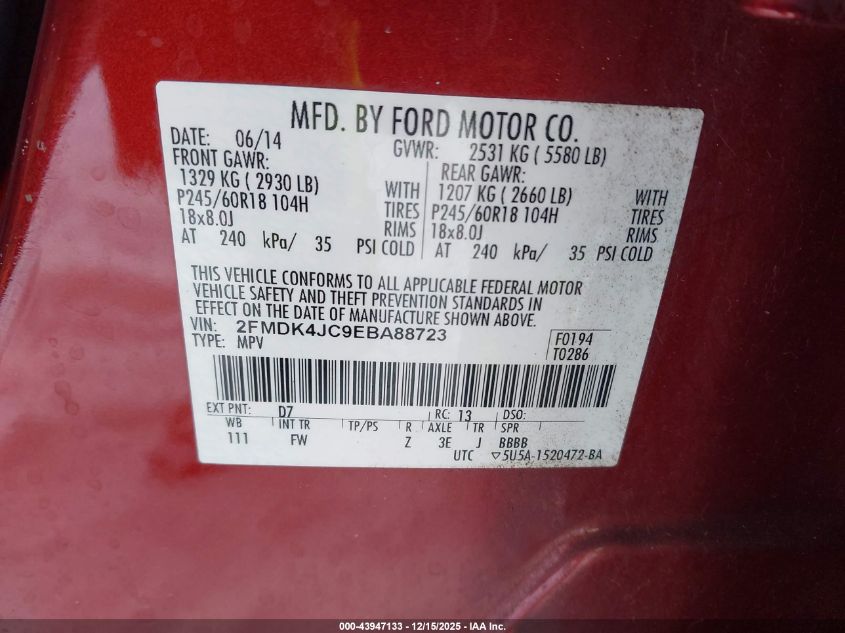 2014 Ford Edge Sel VIN: 2FMDK4JC9EBA88723 Lot: 43947133