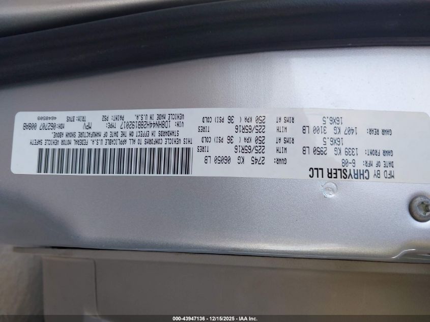 2008 Dodge Grand Caravan Se VIN: 1D8HN44H28B192017 Lot: 43947136