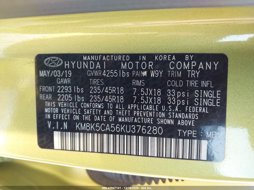 2019 Hyundai Kona Ultimate VIN: KM8K5CA56KU376280 Lot: 43947141