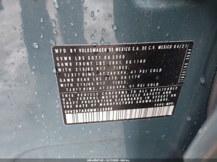2021 Volkswagen Tiguan 2.0T Se/2.0T Se R-Line Black/2.0T Sel VIN: 3VV2B7AX6MM123085 Lot: 43947142
