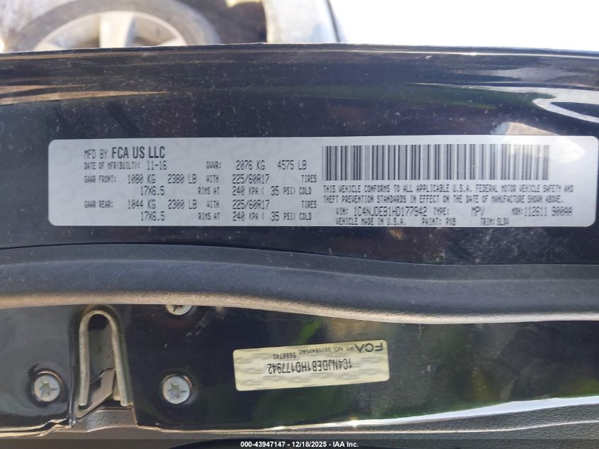 2017 Jeep Compass High Altitude 4X4 VIN: 1C4NJDEB1HD177942 Lot: 43947147