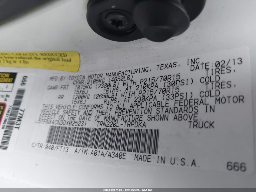 2013 Toyota Tacoma VIN: 5TFNX4CN3DX025231 Lot: 43947148