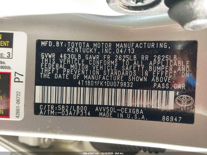 2013 Toyota Camry Hybrid Xle VIN: 4T1BD1FK1DU079832 Lot: 43947149