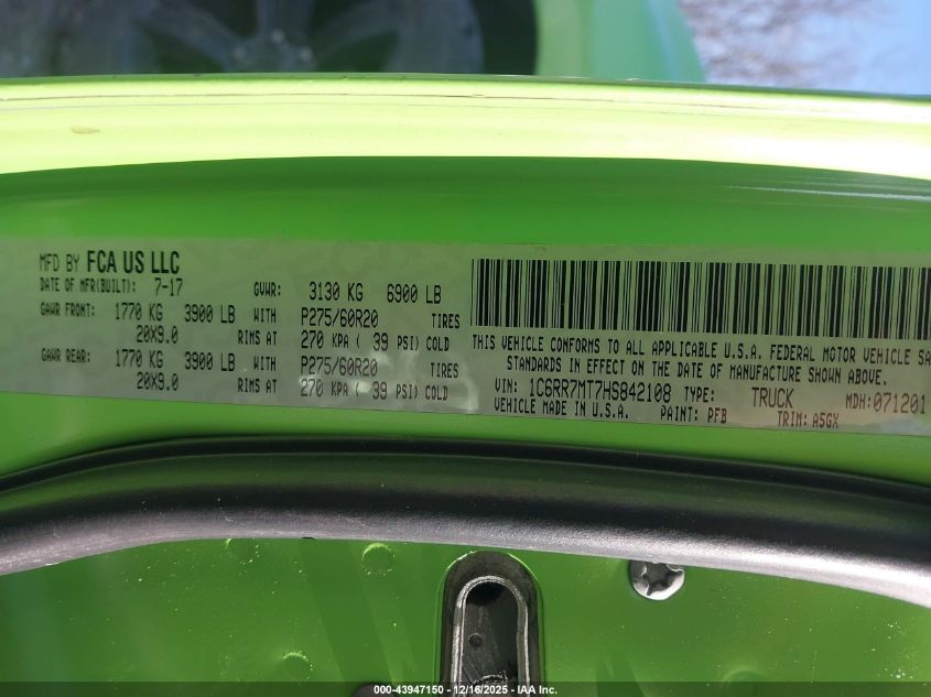 2017 Ram 1500 Sport 4X4 5'7 Box VIN: 1C6RR7MT7HS842108 Lot: 43947150