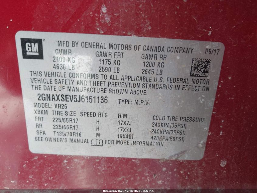 2018 Chevrolet Equinox Lt VIN: 2GNAXSEV5J6161136 Lot: 43947152