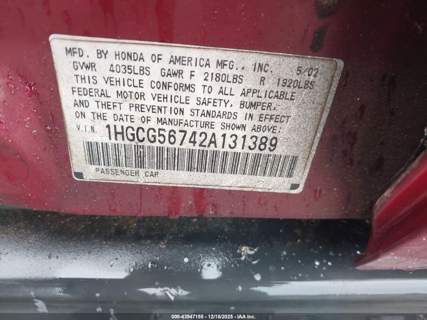 2002 Honda Accord 2.3 Se VIN: 1HGCG56742A131389 Lot: 43947155