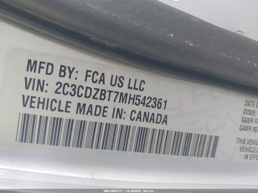 2021 Dodge Challenger R/T VIN: 2C3CDZBT7MH542361 Lot: 43947171
