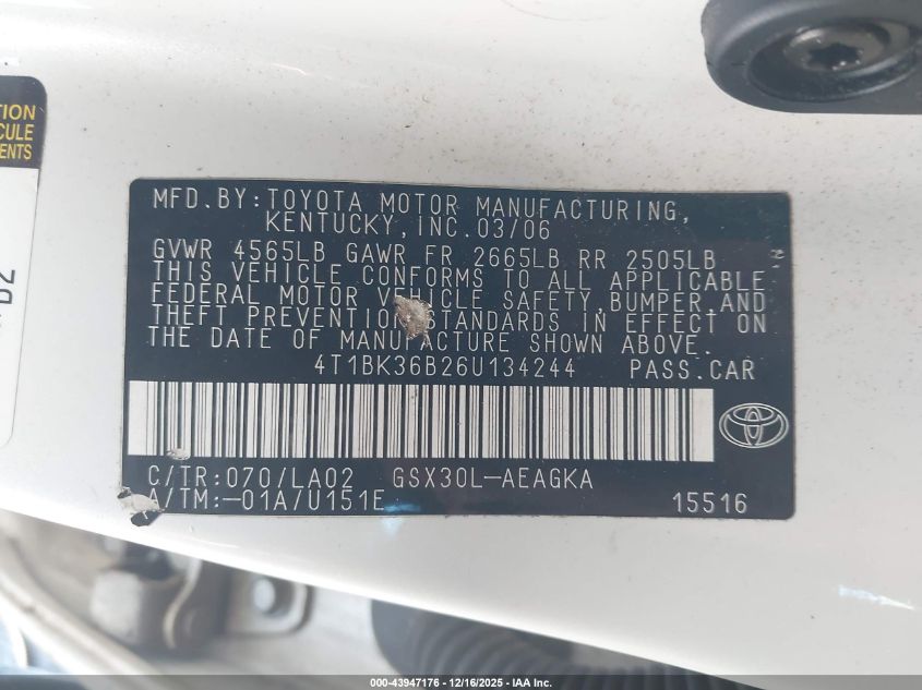 2006 Toyota Avalon Xls VIN: 4T1BK36B26U134244 Lot: 43947176