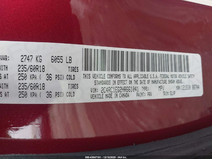 2017 Chrysler Pacifica Touring-L Plus VIN: 2C4RC1EG2HR661041 Lot: 43947181