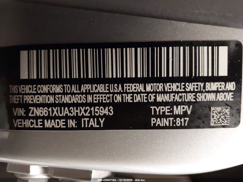 2017 Maserati Levante VIN: ZN661XUA3HX215943 Lot: 43947184