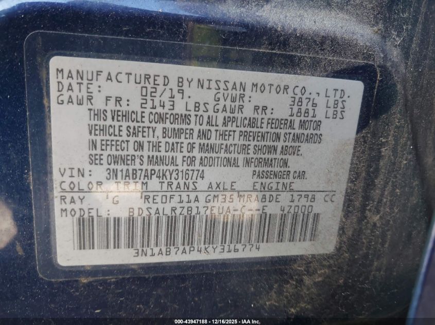 2019 Nissan Sentra Sr VIN: 3N1AB7AP4KY316774 Lot: 43947188