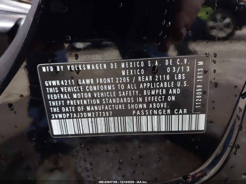 2013 Volkswagen Jetta 2.5L Se VIN: 3VWDP7AJ3DM277397 Lot: 43947189