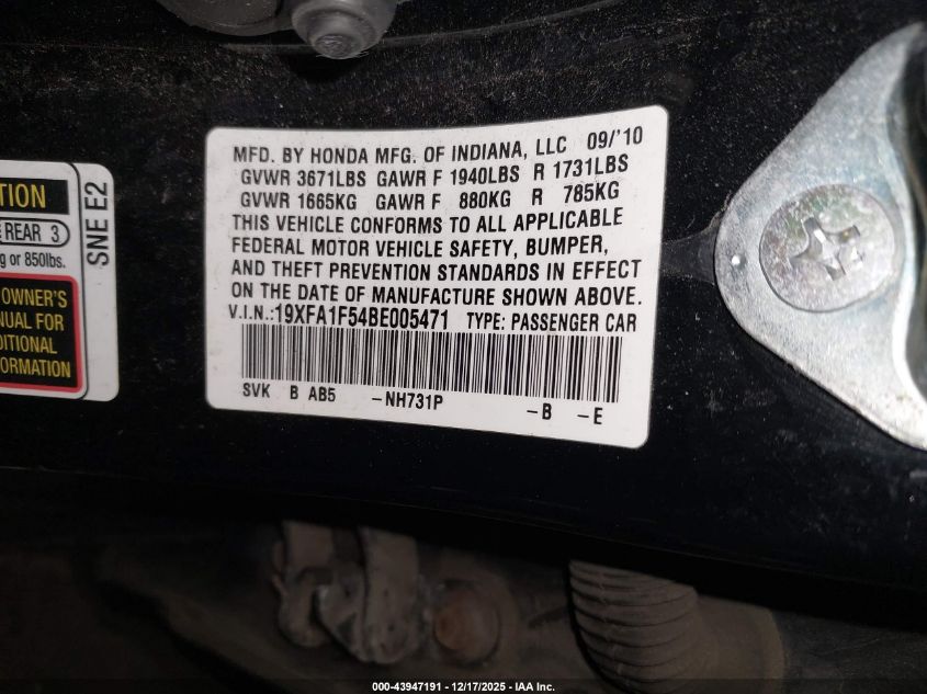 2011 Honda Civic Lx VIN: 19XFA1F54BE005471 Lot: 43947191