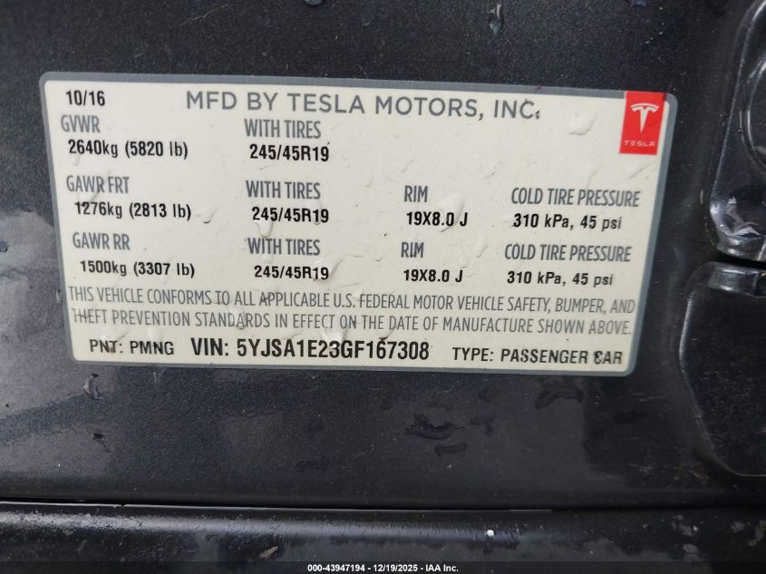 2016 Tesla Model S 60D/70D/75D/85D/90D VIN: 5YJSA1E23GF167308 Lot: 43947194