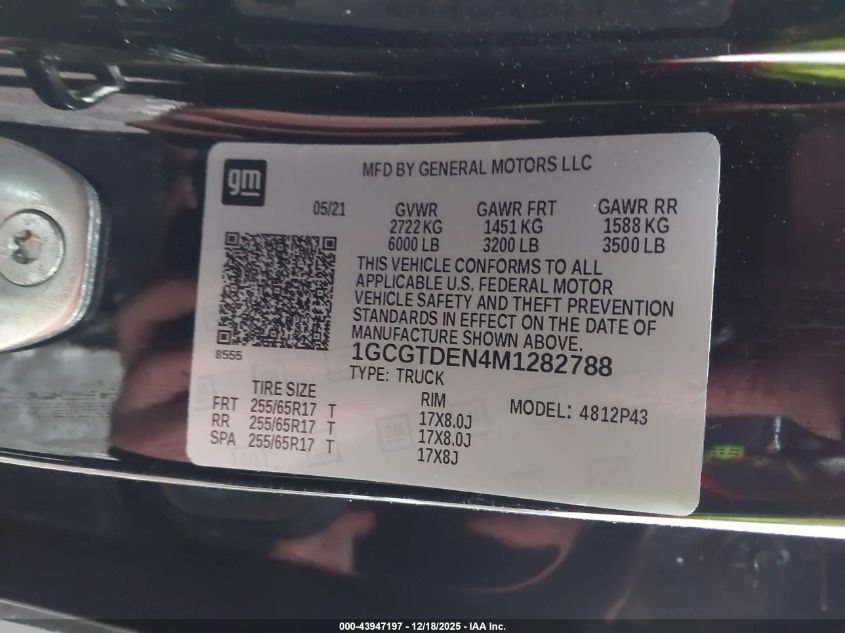 2021 Chevrolet Colorado 4Wd Short Box Z71 VIN: 1GCGTDEN4M1282788 Lot: 43947197