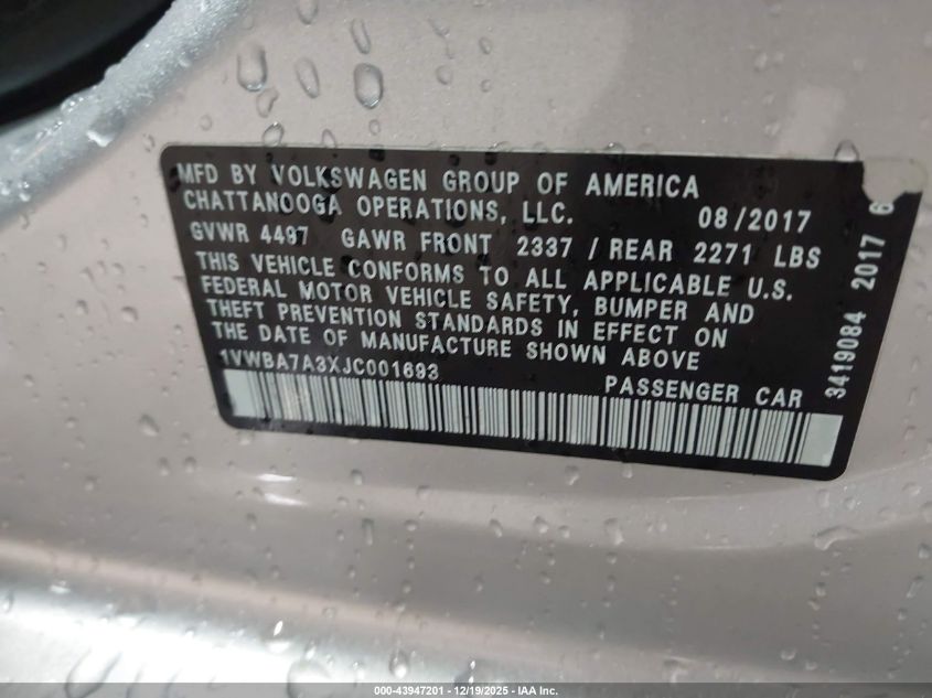 2018 Volkswagen Passat 2.0T Se VIN: 1VWBA7A3XJC001693 Lot: 43947201