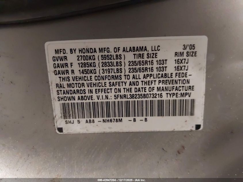 2005 Honda Odyssey Lx VIN: 5FNRL38235B073216 Lot: 43947204