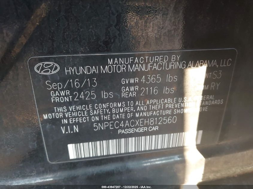 2014 Hyundai Sonata Se/Limited VIN: 5NPEC4ACXEH812560 Lot: 43947207