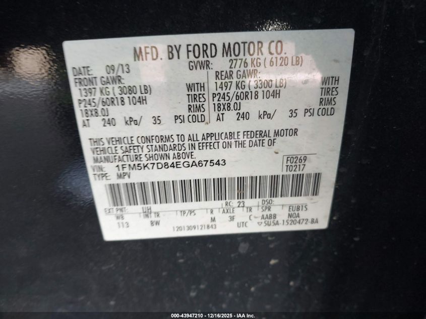 2014 Ford Explorer Xlt VIN: 1FM5K7D84EGA67543 Lot: 43947210