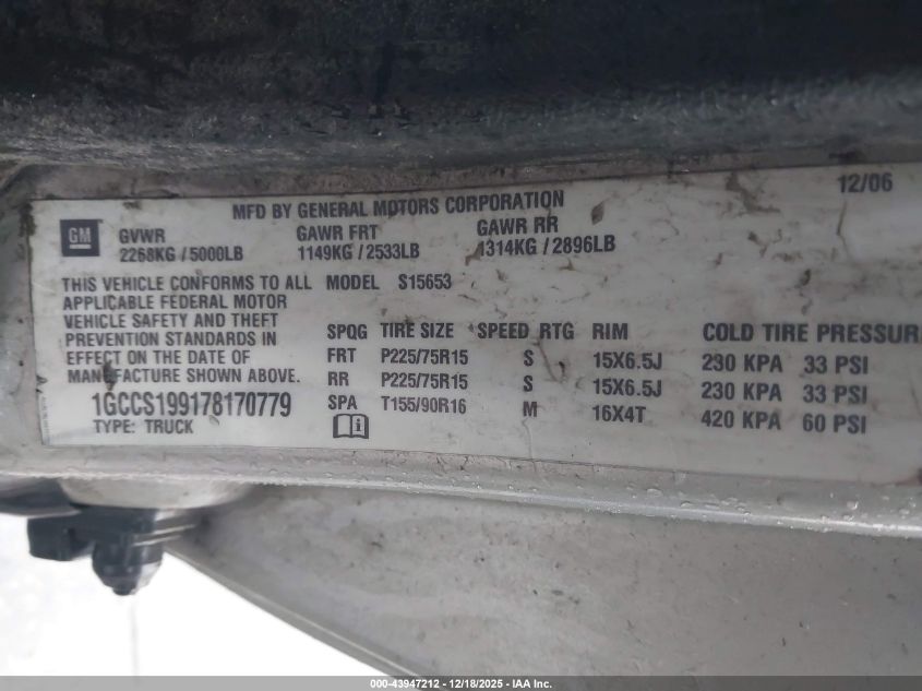 2007 Chevrolet Colorado Lt VIN: 1GCCS199178170779 Lot: 43947212