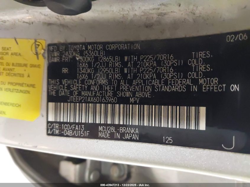 2006 Toyota Highlander V6 VIN: JTEEP21AX60163960 Lot: 43947213