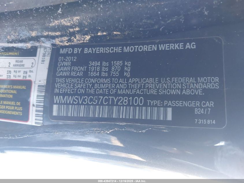 2012 Mini Cooper S VIN: WMWSV3C57CTY28100 Lot: 43947214